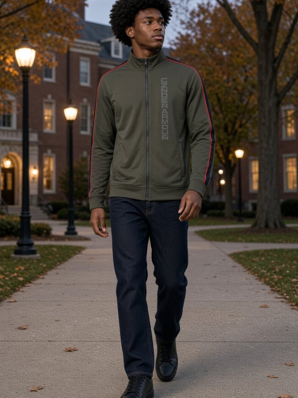 New Under Armour Men Khaki Gray Full Zip Jacket Stripes Long Sleeve Sport US L